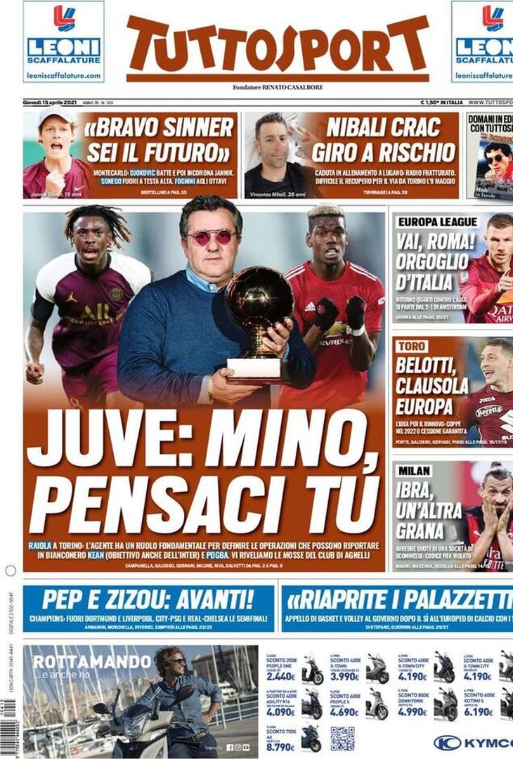  Tuttosport, la prima pagina di oggi, giovedì 15 aprile 2021 