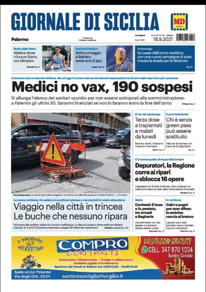 Prima Pagina, Giornale di Sicilia: “Medici no vax, 190 sospesi!” Prima Pagina, Giornale di Sicilia: “Medici no vax, 190 sospesi!”