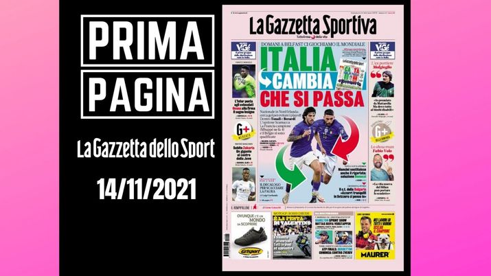 La prima pagina de 'La Gazzetta dello Sport', in edicola oggi, 14 novembre 2021