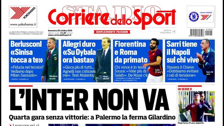 Prima Pagina, Corriere dello Sport: “L’Inter non va, a Palermo la ferma Gilardino. Allegri duro ‘Su Dybala ora basta’. Delio Rossi si salva” Prima Pagina, Corriere dello Sport: “L’Inter non va, a Palermo la ferma Gilardino. Allegri duro ‘Su Dybala ora basta’. Delio Rossi si salva”