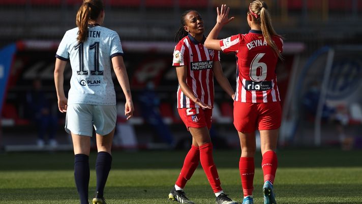 MONZA, ITALY - MARCH 10: Emelyne Laurent (C) of Atletico Madrid celebrates her goal with her team-mate Deyna Castellanos (R) during the Women's UEFA Champions League Round of 16 match between Atletico Madrid and Chelsea FC Women at Stadio Brianteo on March 10, 2021 in Monza, Italy. (Photo by Marco Luzzani/Getty Images) MONZA, ITALY - MARCH 10: Emelyne Laurent (C) of Atletico Madrid celebrates her goal with her team-mate Deyna Castellanos (R) during the Women's UEFA Champions League Round of 16 match between Atletico Madrid and Chelsea FC Women at Stadio Brianteo on March 10, 2021 in Monza, Italy. (Photo by Marco Luzzani/Getty Images)