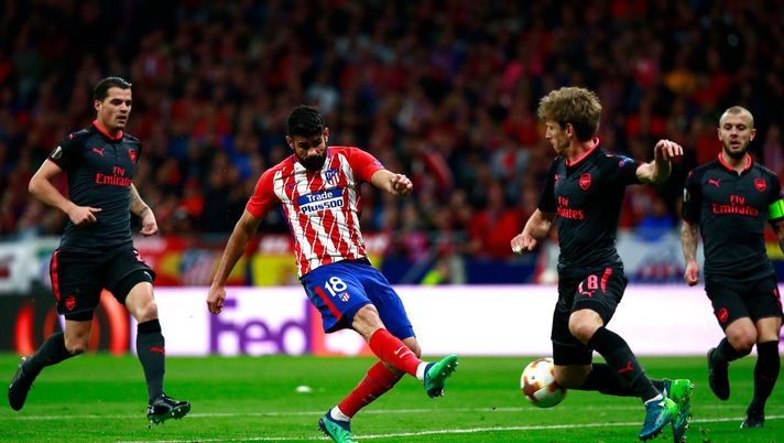 MADRID, SPAIN - MAY 03:  Diego Costa of Atletico Madrid shoots on goal during the UEFA Europa League Semi Final second leg match between Atletico Madrid  and Arsenal FC at Estadio Wanda Metropolitano on May 3, 2018 in Madrid, Spain.  (Photo by Gonzalo Arroyo Moreno/Getty Images) 