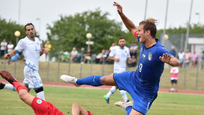 MISANO ADRIATICO, ITALY - AUGUST 08: Matteo Zavoli of San Marino U20 and Gabriele Gori of Italy U20 in action during the International Friendly match between Italy U20 and San Marino U20 on August 8, 2018 in Misano Adriatico, Italy.  (Photo by Giuseppe Bellini/Getty Images) 