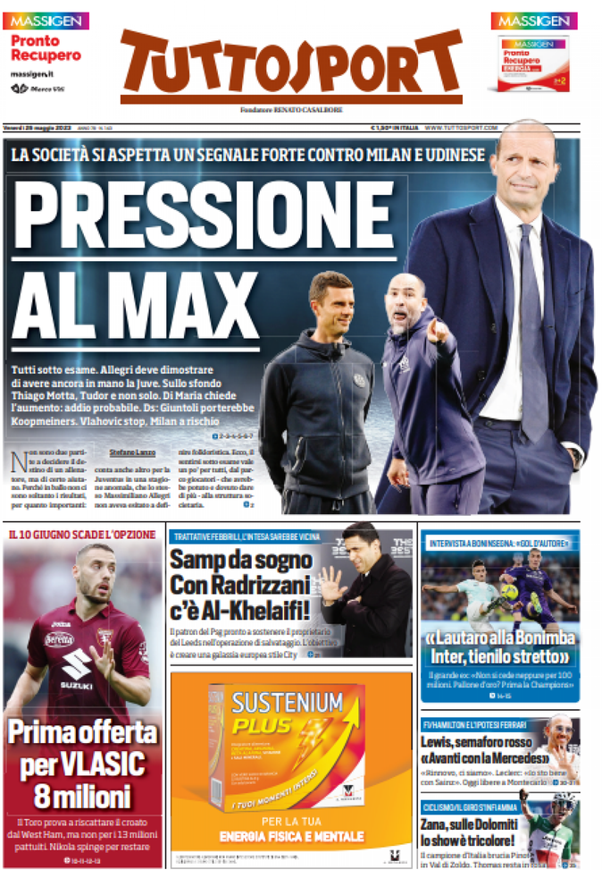 Prima pagina Tuttosport 26-05-2023