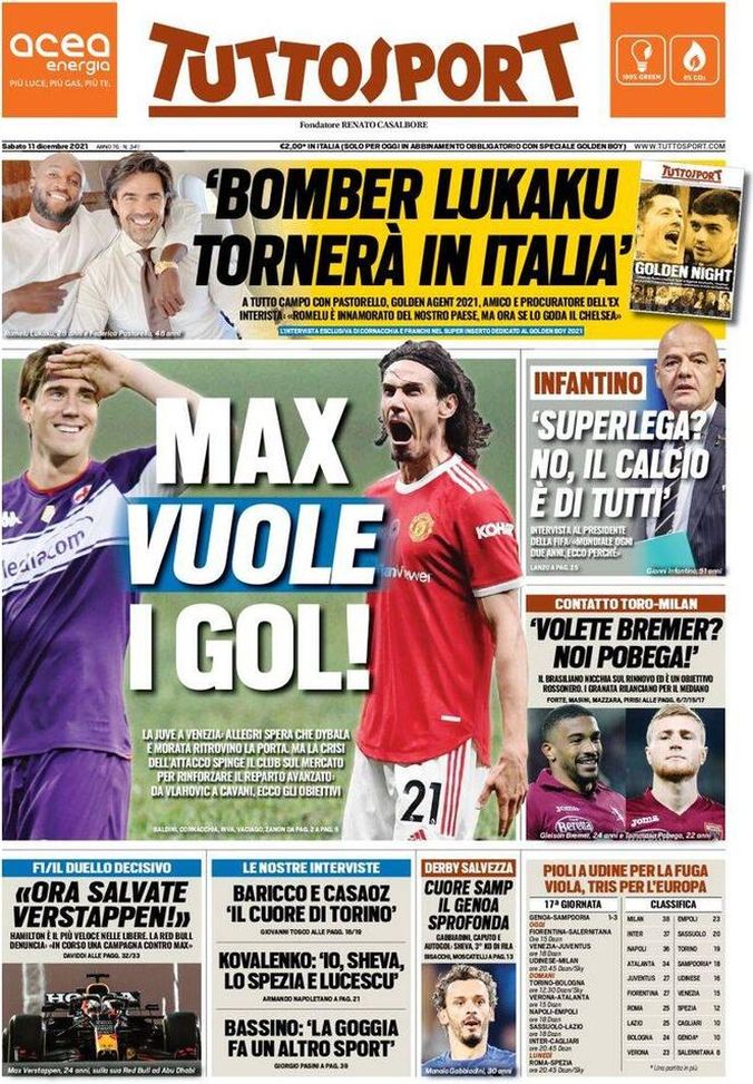 Prima Pagina, Tuttosport: “Max vuole i gol! Bomber Lukaku tornerà in Italia” - immagine 1