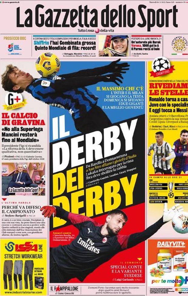 La Gazzetta dello Sport, la prima pagina di oggi, martedì 16 febbraio 2021 La Gazzetta dello Sport, la prima pagina di oggi, martedì 16 febbraio 2021
