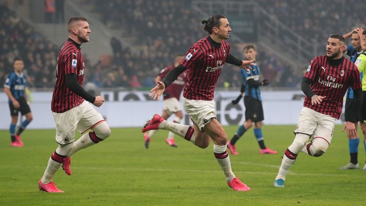 Zlatan Ibrahimovic esulta con Rebic e Theo Hernandez in Inter-Milan (redits Getty Images) 
