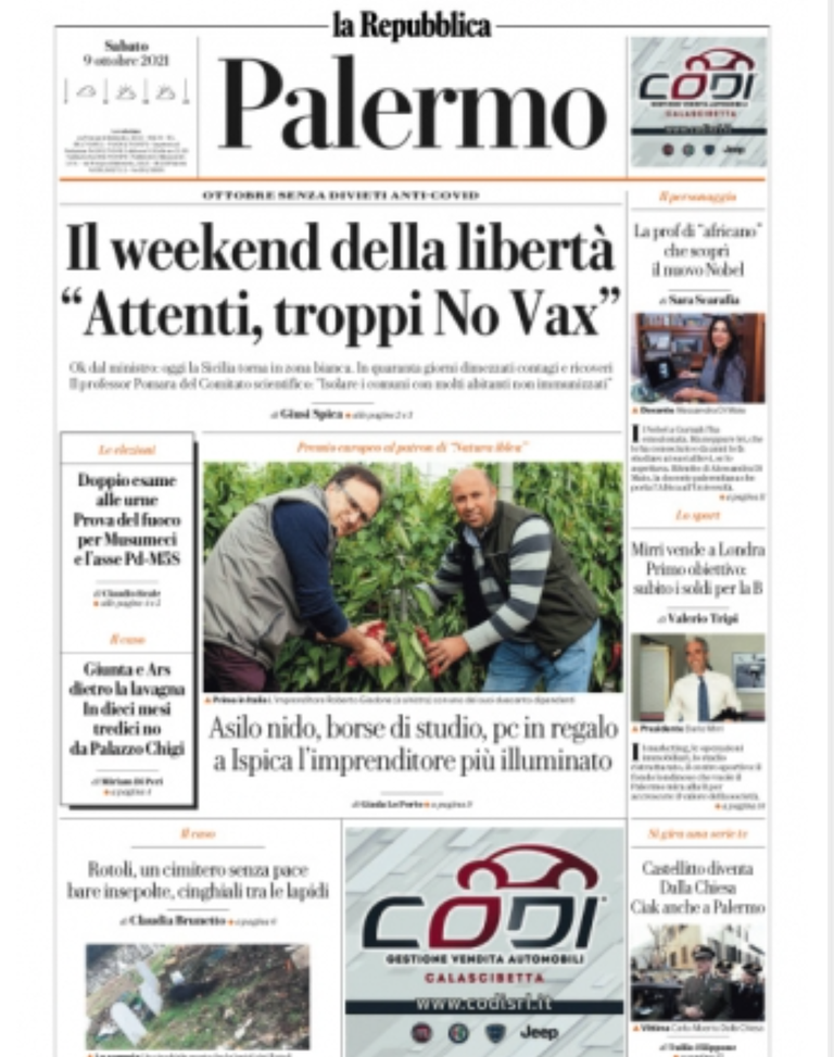 Prima Pagina, La Repubblica Palermo: “Il weekend della libertà, troppi No Vax”  Prima Pagina, La Repubblica Palermo: “Il weekend della libertà, troppi No Vax” - immagine 1
