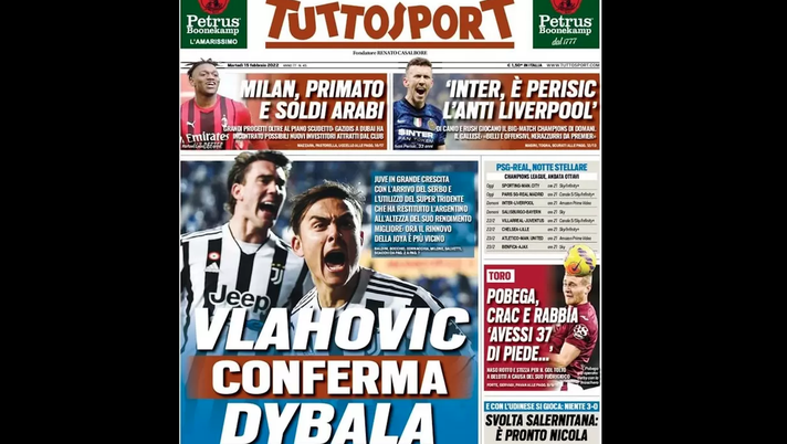 Prima Pagina, Tuttosport: “Vlahovic conferma Dybala. Svolta Salernitana”  Prima Pagina, Tuttosport: “Vlahovic conferma Dybala. Svolta Salernitana” - immagine 1