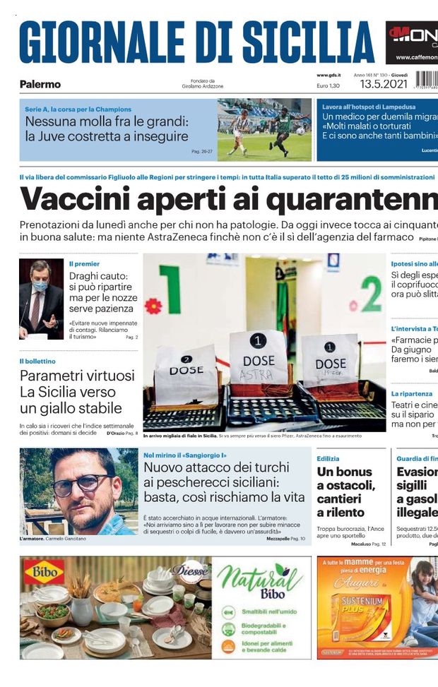 Prima Pagina, Giornale di Sicilia: “Vaccini aperti ai quarantenni. Juve costretta a inseguire” 