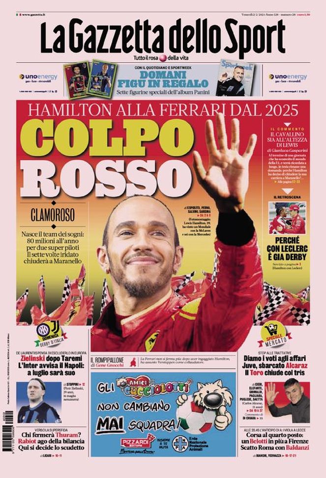 La prima pagina de La Gazzetta dello Sport 02/02/2024