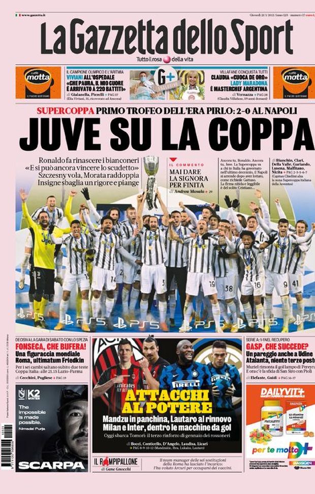 Prima Pagina, La Gazzetta dello Sport: “Juve su la Coppa. Milan e Inter, attacchi al potere” 