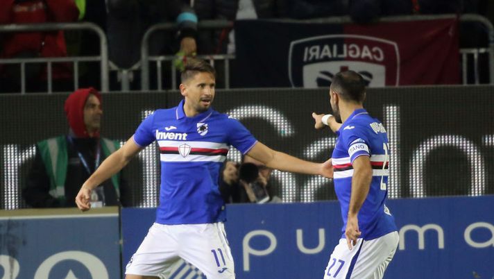 CAGLIARI, ITALY - DECEMBER 02:   Gaston Ramirez of Sampdoria celebrates his goal 0-2 during the Serie A match between Cagliari Calcio and UC Sampdoria at Sardegna Arena on December 2, 2019 in Cagliari, Italy.  (Photo by Enrico Locci/Getty Images) 