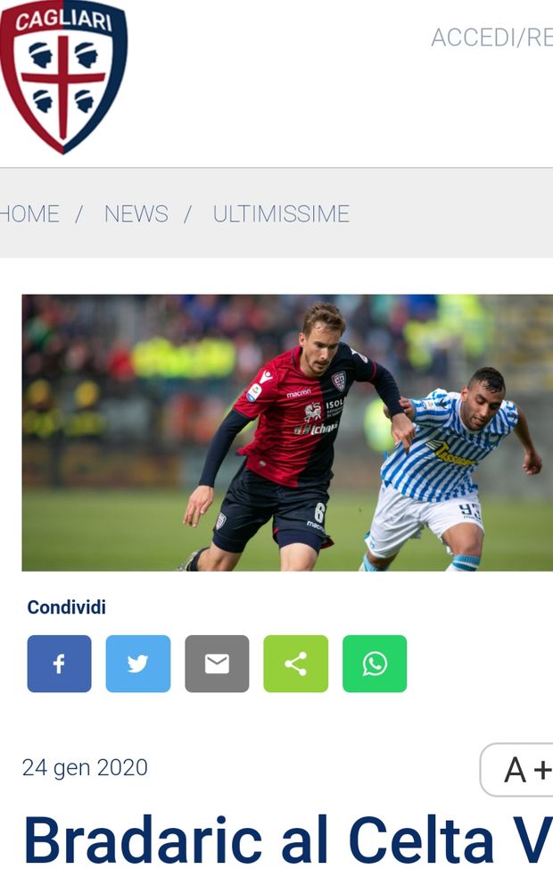 Sito ufficiale Cagliari: ufficialità Bradaric Sito ufficiale Cagliari: ufficialità Bradaric
