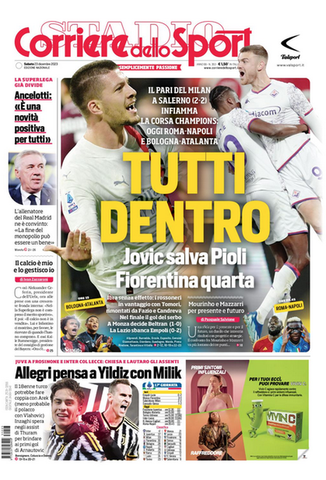 La prima pagina de Il Corriere dello Sport 23-12-2023