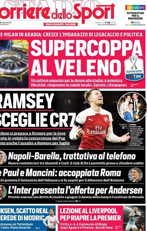 Prima Pagina, Corriere dello Sport: “Supercoppa al veleno. Ramsey sceglie CR7. Eriksen, scatto Real…” Prima Pagina, Corriere dello Sport: “Supercoppa al veleno. Ramsey sceglie CR7. Eriksen, scatto Real…”