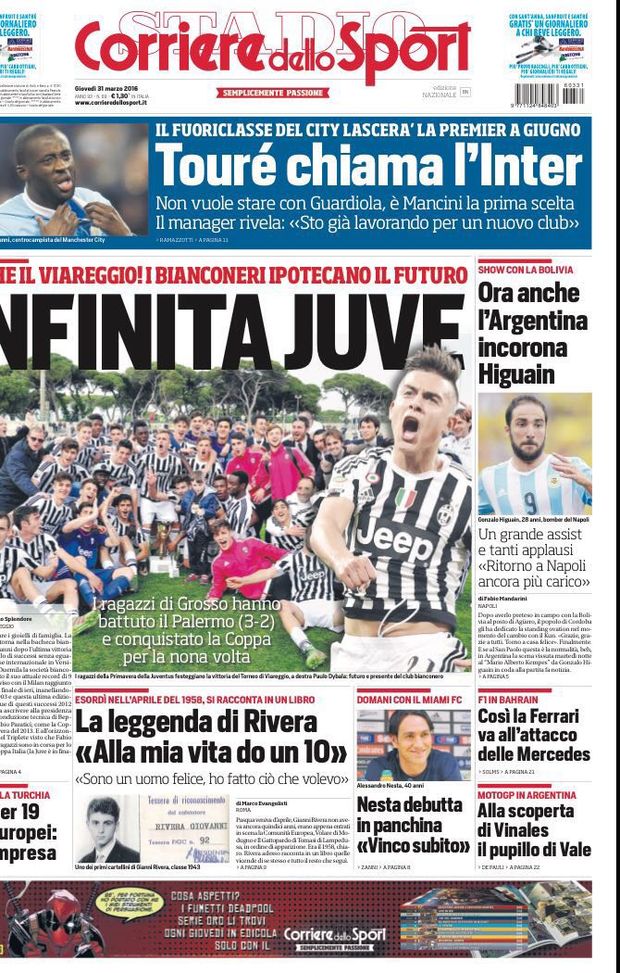 Prima Pagina, Corriere dello Sport: “Infinita Juve, vince anche il Viareggio. Battuto il Palermo” Prima Pagina, Corriere dello Sport: “Infinita Juve, vince anche il Viareggio. Battuto il Palermo”