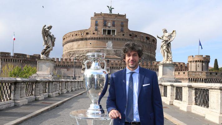 ROME, ITALY - APRIL 20: Former Italian football player Demetrio Albertini poses with the Trophy at Castel Sant’Angelo during the UEFA Euro 2020 Trophy Tour of Rome on April 20, 2021 in Rome, Italy. (Photo by Paolo Bruno/Getty Images)