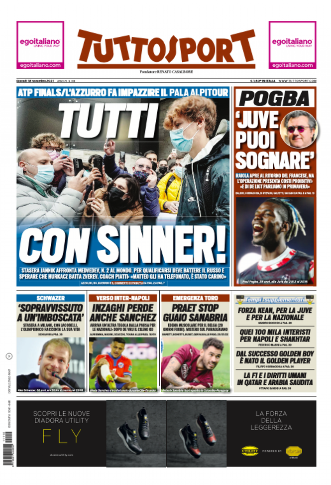 Prima Pagina, Tuttosport: “Tutti con Sinner! Pogba, Juve puoi sognare” - immagine 1