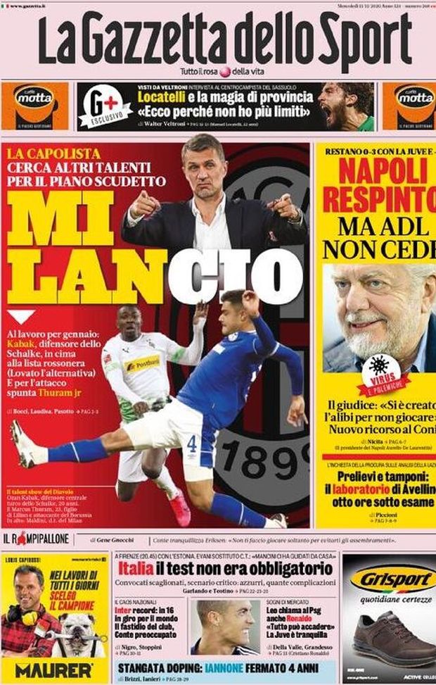  La Gazzetta dello Sport, la prima pagina di oggi, mercoledì 11 novembre 2020 