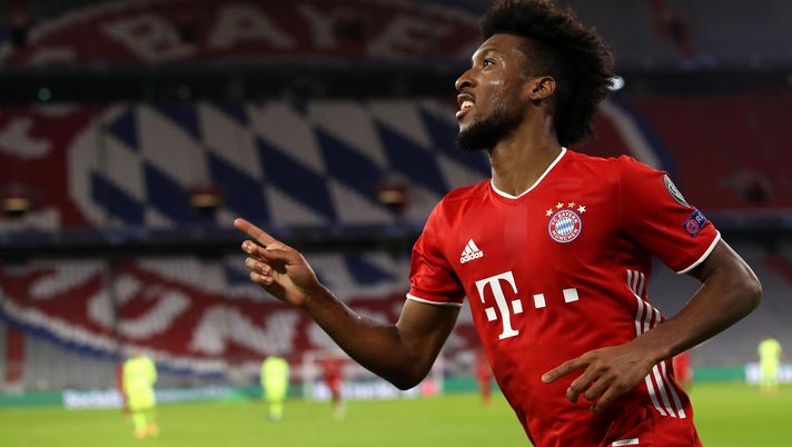 MUNICH, GERMANY - OCTOBER 21: Kingsley Coman of FC Bayern München celebrates scoring the 4th team goal during the UEFA Champions League Group A stage match between FC Bayern Muenchen and Atletico Madrid at Allianz Arena on October 21, 2020 in Munich, Germany. (Photo by Alexander Hassenstein/Getty Images) MUNICH, GERMANY - OCTOBER 21: Kingsley Coman of FC Bayern München celebrates scoring the 4th team goal during the UEFA Champions League Group A stage match between FC Bayern Muenchen and Atletico Madrid at Allianz Arena on October 21, 2020 in Munich, Germany. (Photo by Alexander Hassenstein/Getty Images)
