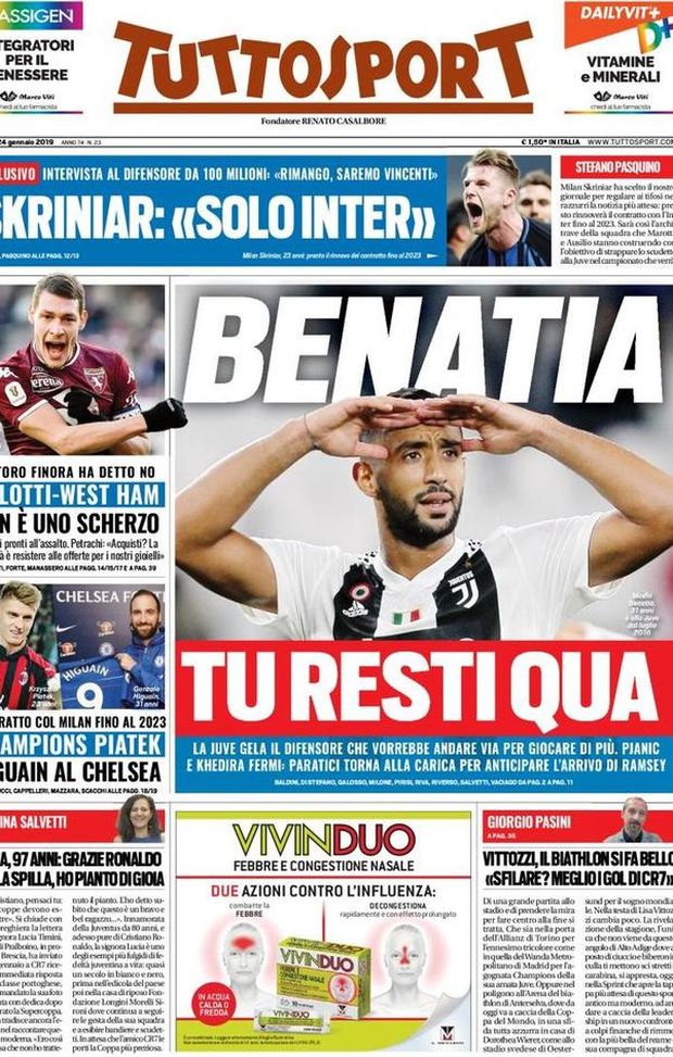 Prima Pagina, Tuttosport: “Champions Piatek. Škriniar: ‘Solo Inter’. Belotti-West Ham, non è uno scherzo…” Prima Pagina, Tuttosport: “Champions Piatek. Škriniar: ‘Solo Inter’. Belotti-West Ham, non è uno scherzo…”