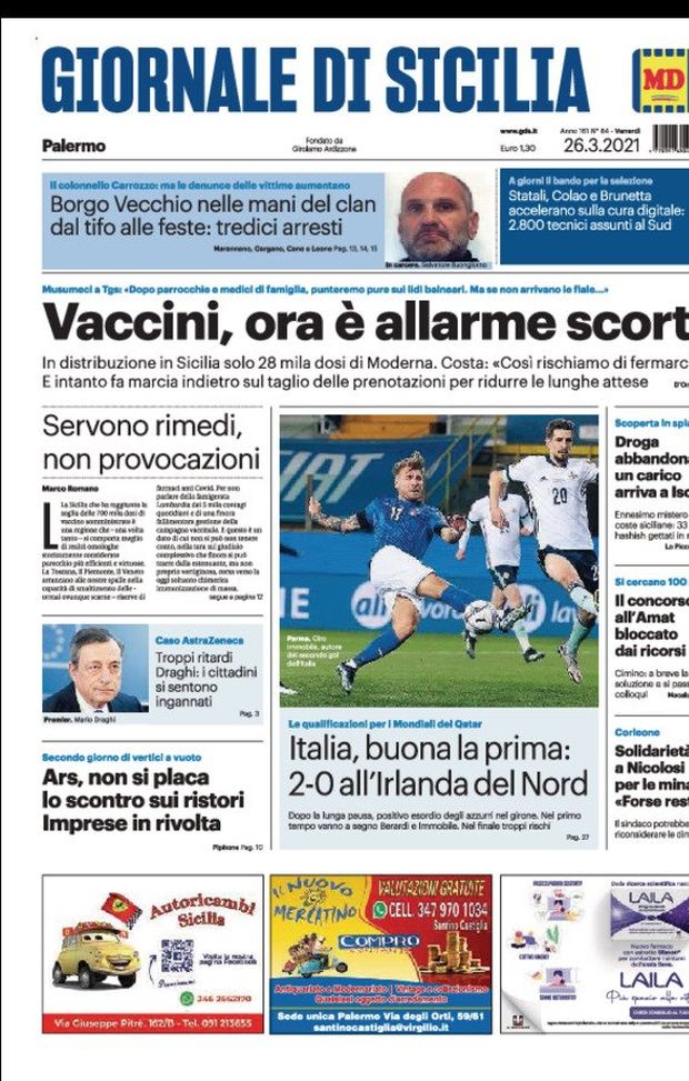 Prima Pagina, Giornale di Sicilia: “Vaccini, ora è allarme scorte. Italia, buona la prima”  Prima Pagina, Giornale di Sicilia: “Vaccini, ora è allarme scorte. Italia, buona la prima”