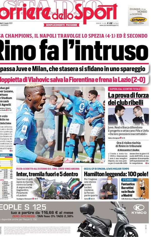 Prima Pagina, Corriere dello Sport: “Corsa Champions, Rino fa l’intruso. Inter, tremila fuori e 5 dentro” Prima Pagina, Corriere dello Sport: “Corsa Champions, Rino fa l’intruso. Inter, tremila fuori e 5 dentro”