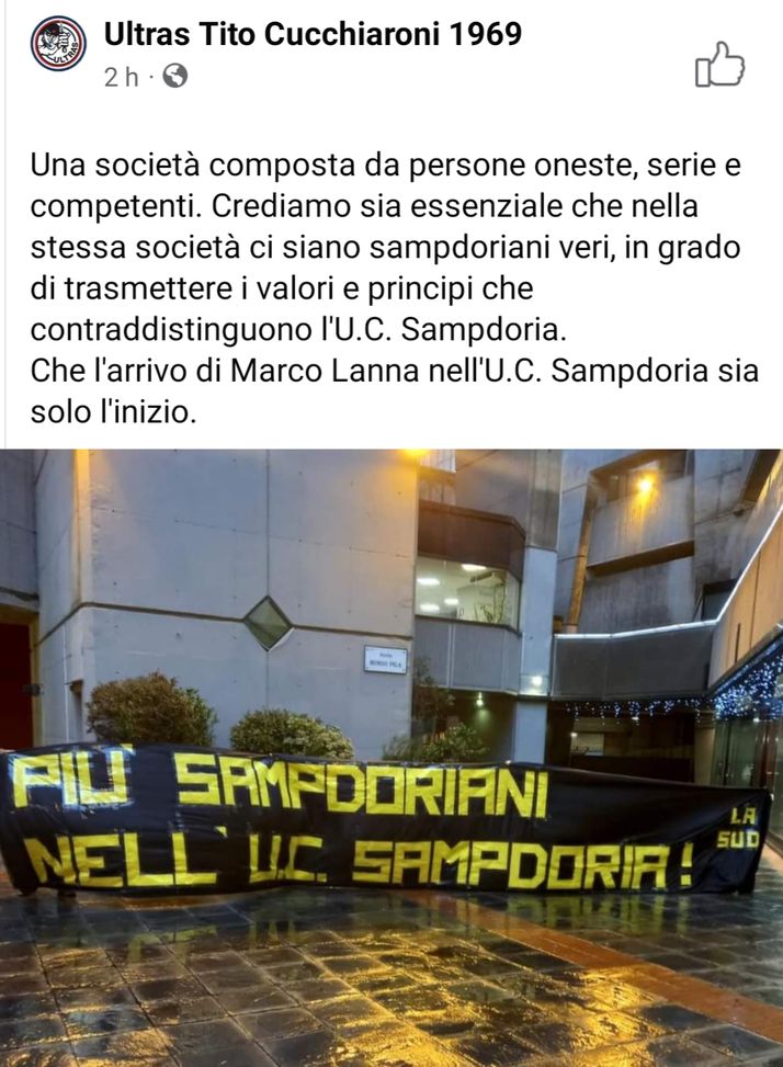 La Samp ai sampdoriani: lo striscione di benvenuto ultrà al presidente Lanna- immagine 2