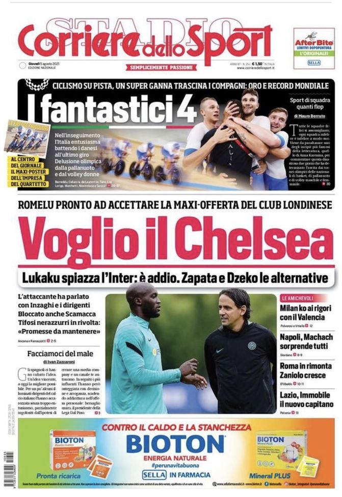Prima Pagina, Corriere dello Sport: “Voglio il Chelsea. Lukaku spiazza l’Inter” 