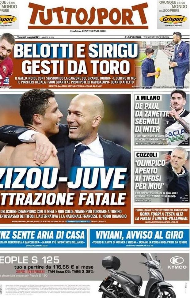 Prima Pagina, Tuttosport: ““Zizou Juve, attrazione fatale. Belotti e Sirigu gesti da Toro” 