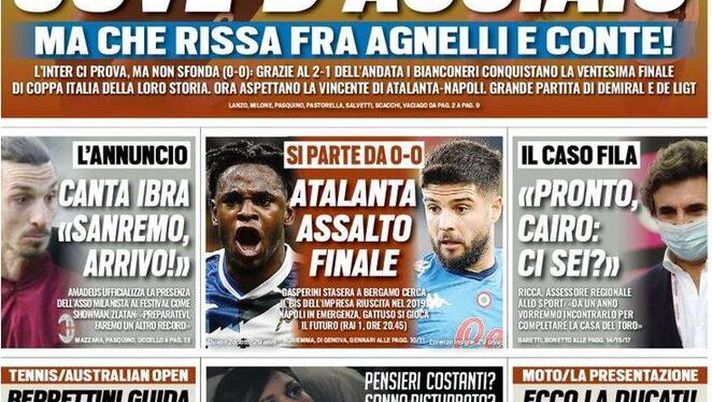 Prima Pagina, Tuttosport: “Juve d’acciaio, ma che rissa tra Agnelli e Conte. Atalanta, assalto finale” 