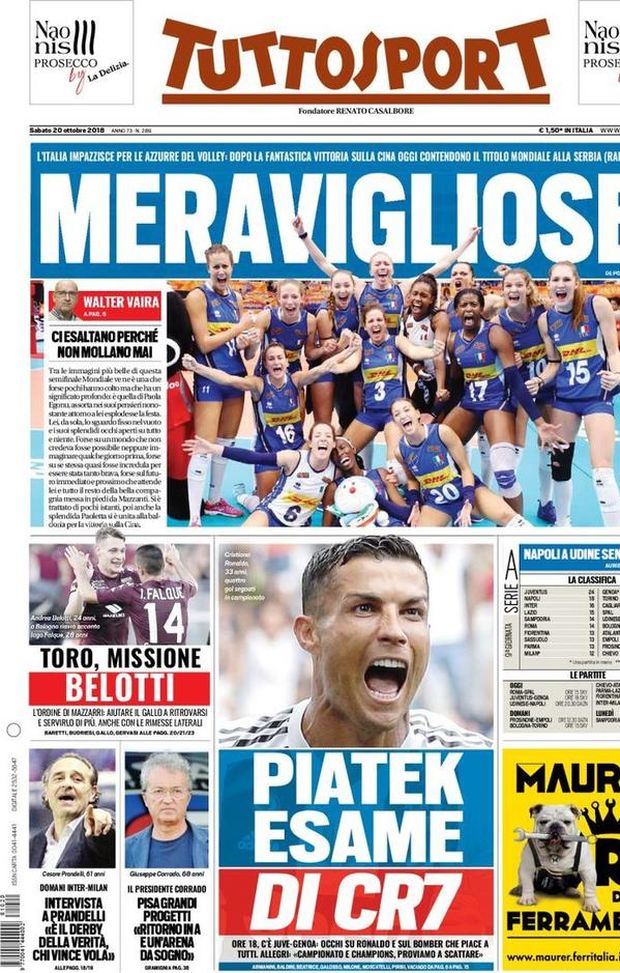 Prima Pagina, Tuttosport: “Piatek, esame di CR7. Toro, missione Belotti. Napoli a Udine senza Insigne…” Prima Pagina, Tuttosport: “Piatek, esame di CR7. Toro, missione Belotti. Napoli a Udine senza Insigne…”