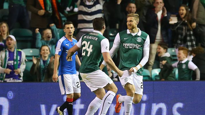 EDINBURGH, SCOTLAND - APRIL 20: Niklas Gunnarsson of Hibernian celebrates scoring Hibs third goal during the Scottish Championship match between Hibernian and Rangers at Easter Road on April 20, 2016 in Edinburgh, Scotland. (Photo by Ian MacNicol/Getty images) EDINBURGH, SCOTLAND - APRIL 20: Niklas Gunnarsson of Hibernian celebrates scoring Hibs third goal during the Scottish Championship match between Hibernian and Rangers at Easter Road on April 20, 2016 in Edinburgh, Scotland. (Photo by Ian MacNicol/Getty images)