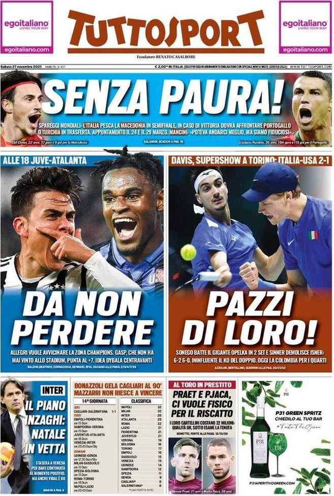 Prima Pagina, Tuttosport: “Senza paura! Macedonia, poi Portogallo o Turchia” Prima Pagina, Tuttosport: “Senza paura! Macedonia, poi Portogallo o Turchia”