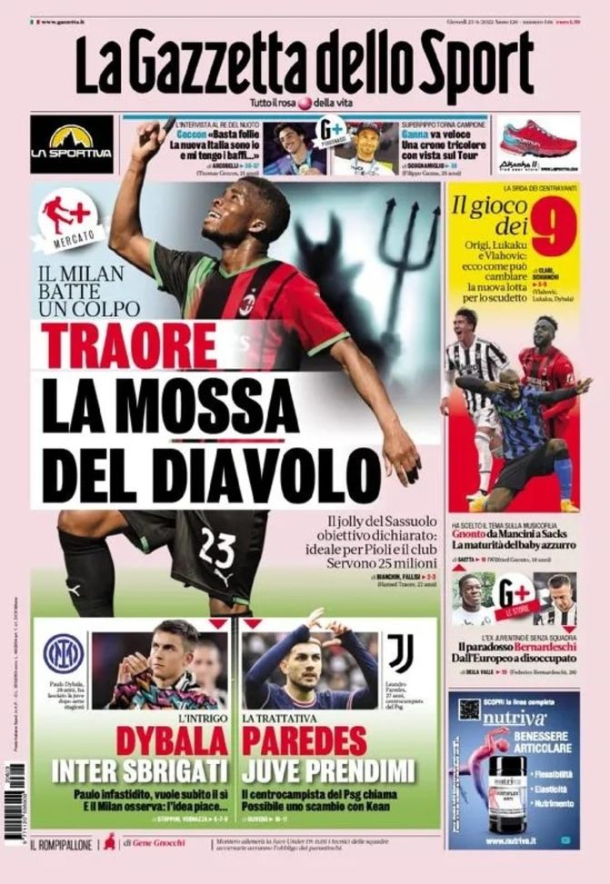 Prima pagina Gazzetta dello Sport 23/06/2022