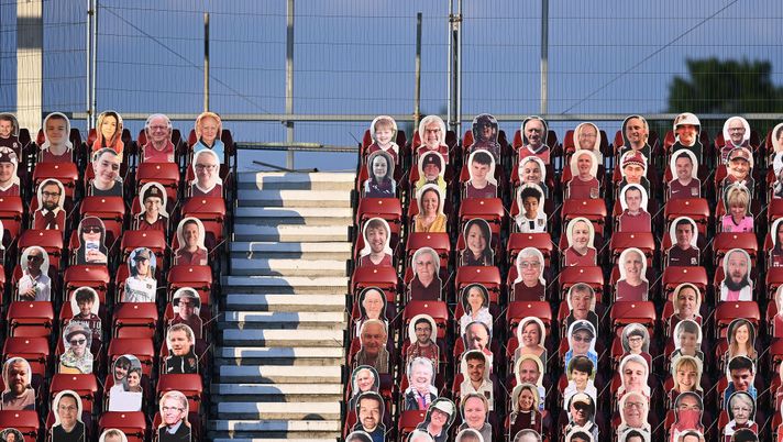 NORTHAMPTON, ENGLAND - JUNE 18: Cardboard cut outs of Northampton Town fans are seen in the stadium ahead of the Sky Bet League Two Play Off Semi-final 1st Leg match between Northampton Town and Cheltenham Town at PTS Academy Stadium on June 18, 2020 in Northampton, England. (Photo by Shaun Botterill/Getty Images) NORTHAMPTON, ENGLAND - JUNE 18: Cardboard cut outs of Northampton Town fans are seen in the stadium ahead of the Sky Bet League Two Play Off Semi-final 1st Leg match between Northampton Town and Cheltenham Town at PTS Academy Stadium on June 18, 2020 in Northampton, England. (Photo by Shaun Botterill/Getty Images)