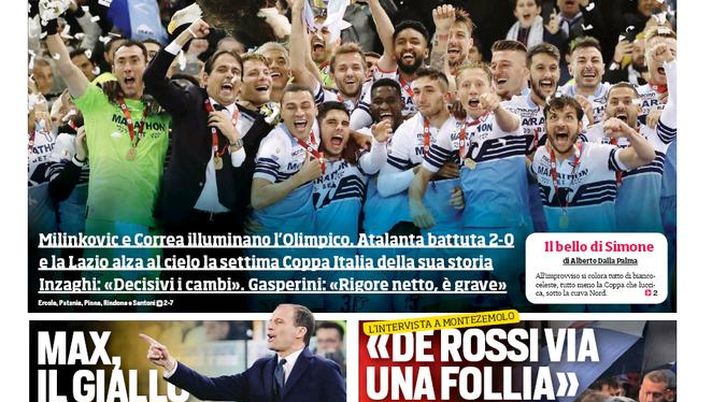 Prima Pagina, Corriere dello Sport: “Biancocelestiale. Max, il giallo della cena. De Rossi via una follia”  Prima Pagina, Corriere dello Sport: “Biancocelestiale. Max, il giallo della cena. De Rossi via una follia”