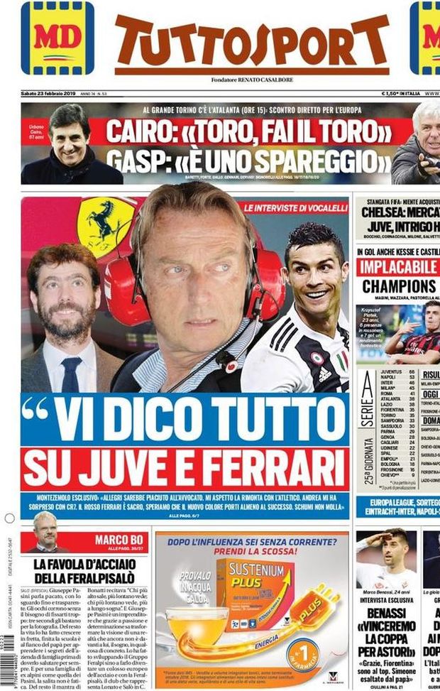 Prima Pagina, Tuttosport: “Tutto su Juve e Ferrari. Implacabile Piatek. Europa League, sorteggio ottavi…” Prima Pagina, Tuttosport: “Tutto su Juve e Ferrari. Implacabile Piatek. Europa League, sorteggio ottavi…”