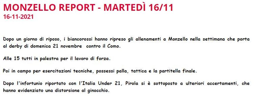 La nota ufficiale del Monza Under21, Pirola infortunato. Il Monza: “Distorsione al ginocchio”- immagine 2