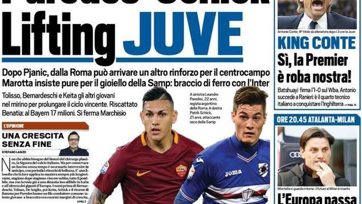 Prima Pagina, Tuttosport: &#8220;Paredes-Schick, lifting Juve. Toro, Tatarusanu o Sirigu&#8221; 