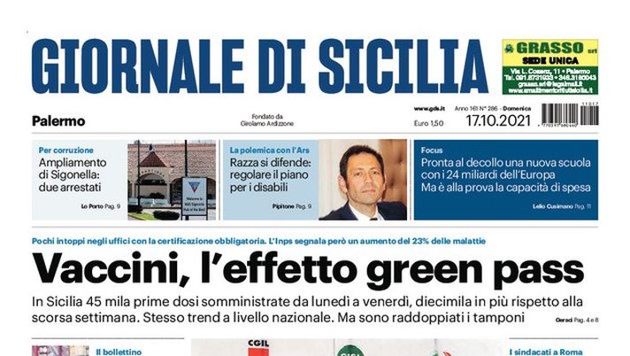 Prima Pagina, Giornale di Sicilia: “Vaccini, l’effetto green pass” - immagine 1