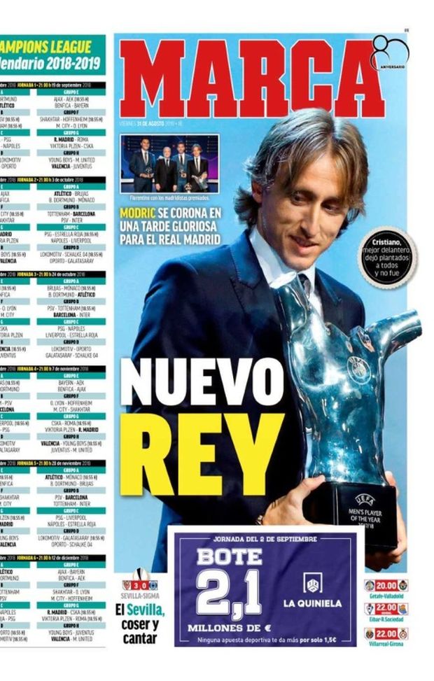 Prima Pagina, Marca: “Il nuovo re: Modric si incorona in una serata gloriosa. Siviglia, un gioco da ragazzi…” Prima Pagina, Marca: “Il nuovo re: Modric si incorona in una serata gloriosa. Siviglia, un gioco da ragazzi…”