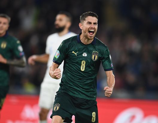 ROME, ITALY - OCTOBER 12: Jorginho of Italy celebrates after scoring the opening goal during the UEFA Euro 2020 qualifier between Italy and Greece on October 12, 2019 in Rome, Italy. (Photo by Claudio Villa/Getty Images) ROME, ITALY - OCTOBER 12: Jorginho of Italy celebrates after scoring the opening goal during the UEFA Euro 2020 qualifier between Italy and Greece on October 12, 2019 in Rome, Italy. (Photo by Claudio Villa/Getty Images)