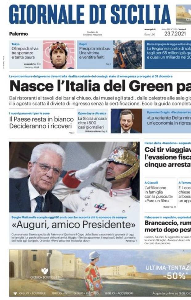 Prima Pagina, Giornale di Sicilia: “Nasce l’Italia del Green Pass”  Prima Pagina, Giornale di Sicilia: “Nasce l’Italia del Green Pass”