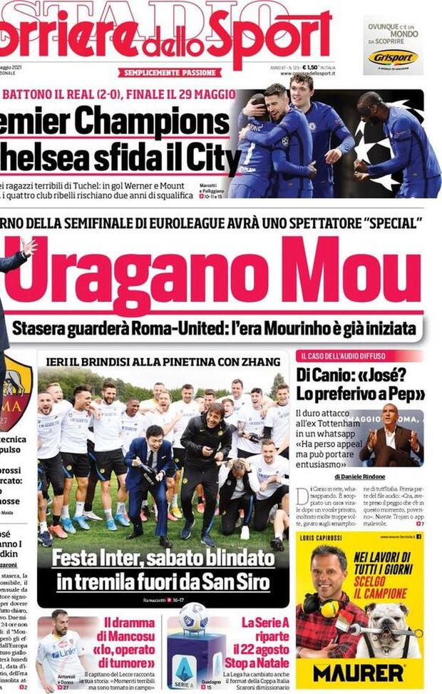 Prima Pagina, Corriere dello Sport: “Uragano Mou. Festa Inter, sabato blindato. Premier Champions” 