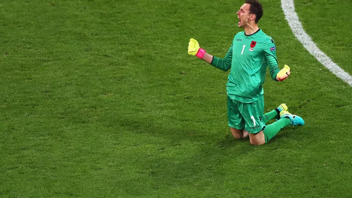 LYON, FRANCE - JUNE 19: Etrit Berisha of Albania reacts during the UEFA EURO 2016 Group A match between Romania and Albania at Stade des Lumieres on June 19, 2016 in Lyon, France.  (Photo by Julian Finney/Getty Images)