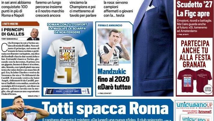 Prima Pagina, Tuttosport: “Marotta ‘Agli altri gli alibi, alla Juve i trionfi’. Totti spacca Roma” Prima Pagina, Tuttosport: “Marotta ‘Agli altri gli alibi, alla Juve i trionfi’. Totti spacca Roma”