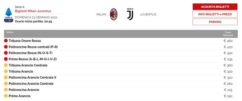 Prezzi biglietti Milan-Juventus Prezzi biglietti Milan-Juventus