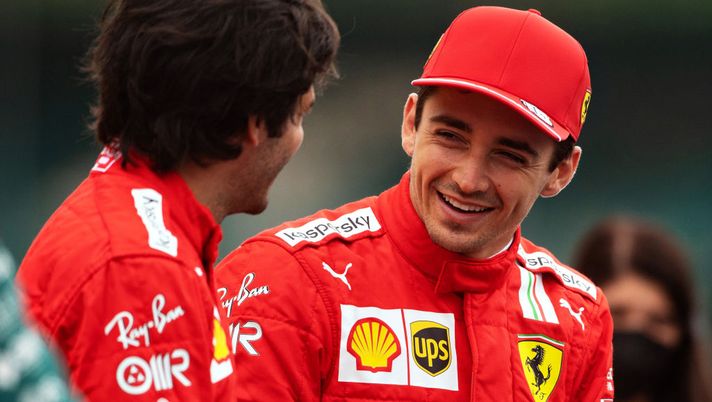 NORTHAMPTON, ENGLAND - JULY 15: Charles Leclerc of Monaco and Ferrari talks with Carlos Sainz of Spain and Ferrari as the prototype for the 2022 F1 season is unveiled during previews ahead of the F1 Grand Prix of Great Britain at Silverstone on July 15, 2021 in Northampton, England. (Photo by Michael Regan/Getty Images) NORTHAMPTON, ENGLAND - JULY 15: Charles Leclerc of Monaco and Ferrari talks with Carlos Sainz of Spain and Ferrari as the prototype for the 2022 F1 season is unveiled during previews ahead of the F1 Grand Prix of Great Britain at Silverstone on July 15, 2021 in Northampton, England. (Photo by Michael Regan/Getty Images)